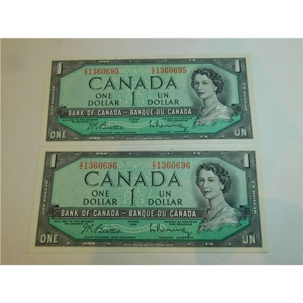 2-1954 SERIES CONSECUTIVE NUMBER ONE DOLLAR BILLS, UNC