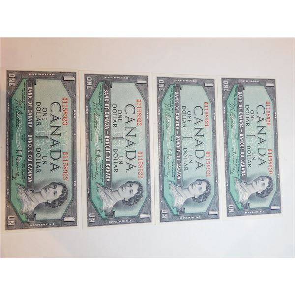 4-CONSEUTIVE 1954 SERIES ONE DOLLAR BILLS, UNC