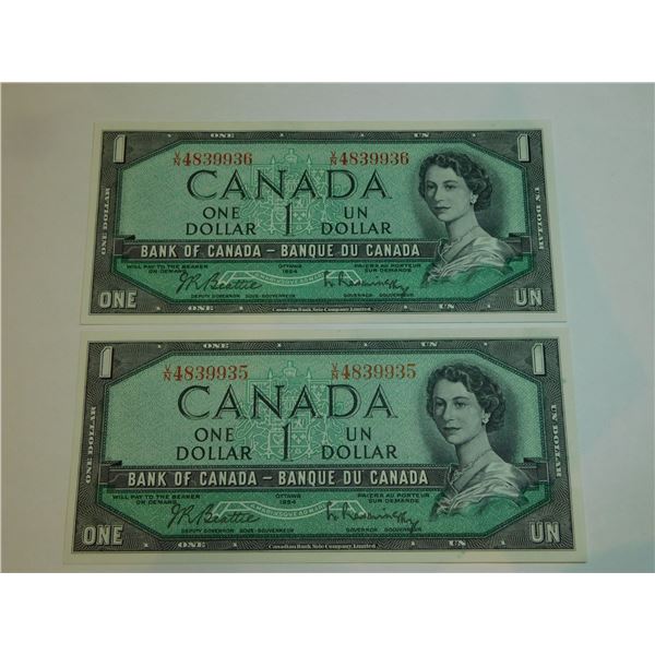2-CONSEUTIVE 1954 SERIES ONE DOLLAR BILLS, UNC