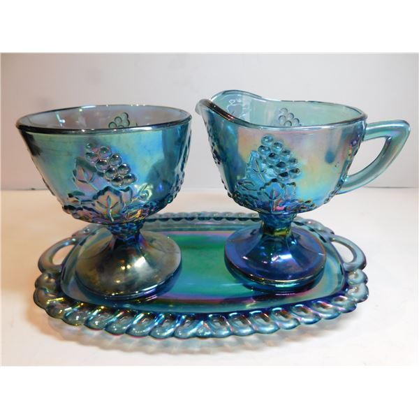 INDIANNA BLUE CARNIVAL GLASS, HARVEST, CREAM SUGAR ON PLATE