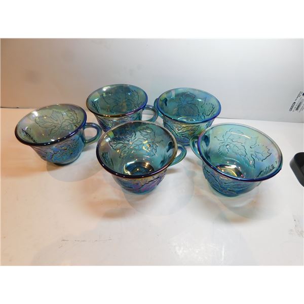 5-INDIANNA BLUE IRRADESCENT CARNIVAL GLASS CUPS