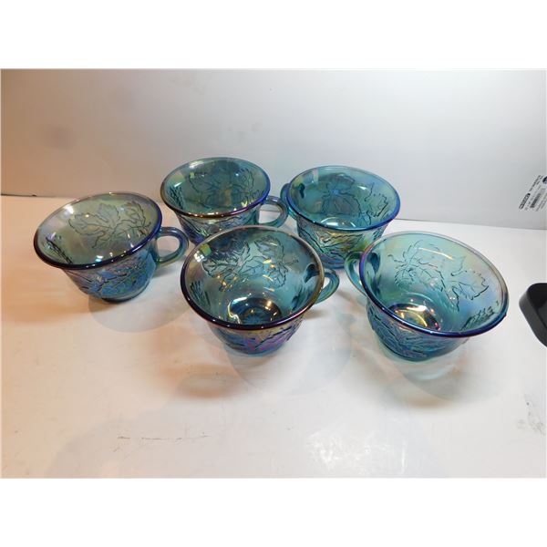 5-INDIANNA BLUE IRRADESCENT CARNIVAL GLASS CUPS