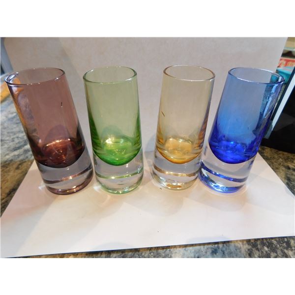 4-THICK BASED ART GLASS SHOT GLASSES, JEWEL COLORED