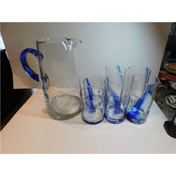 6-BLUE RIBBON DRINKING GLASSES WITH MATCHING PITCHER BY LIBBY