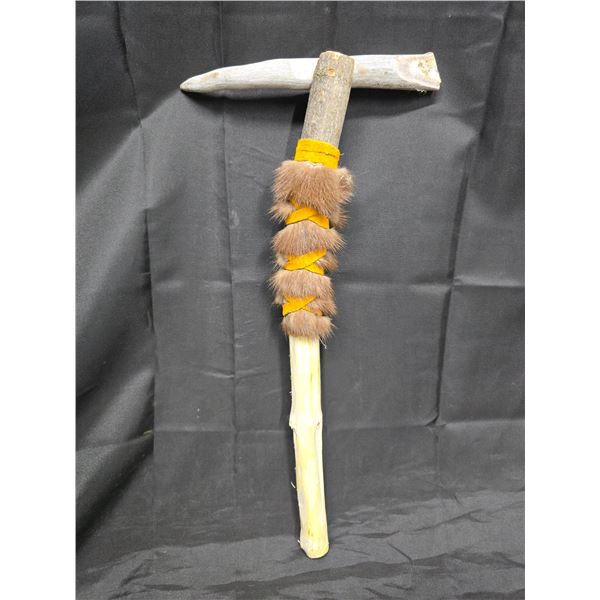 Handmade Indigenous Style Tomahawk w/ Leather & Fur Wrapped Wooden Handle & Antler Axe Head - 17.25"