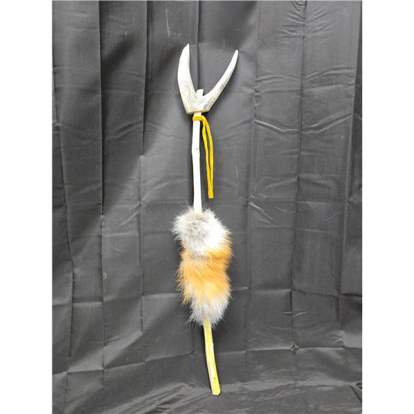 Handcrafted Indigenous Style Dance/Medicine Stick featuring Deer Antler & Natural Fur & Leather Wrap