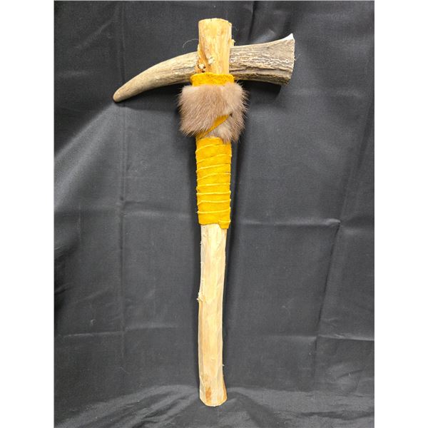 Handmade Indigenous Style Tomahawk w/ Leather & Fur Wrapped Wooden Handle & Antler Axe Head - 16.5"