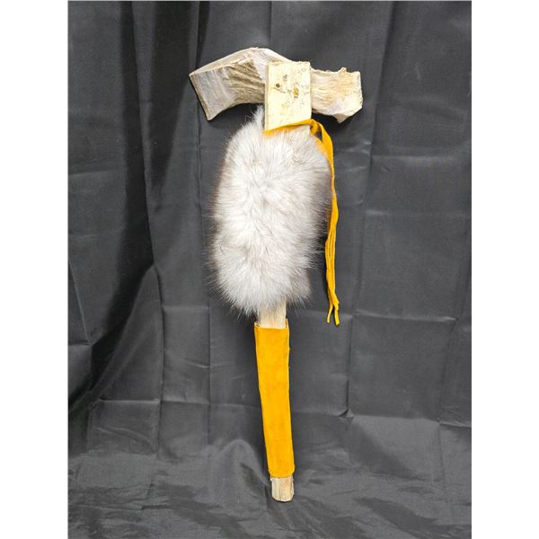 Handmade Indigenous Style Tomahawk w/ Leather & Fur Wrapped Wooden Handle & Antler Axe Head - 22"