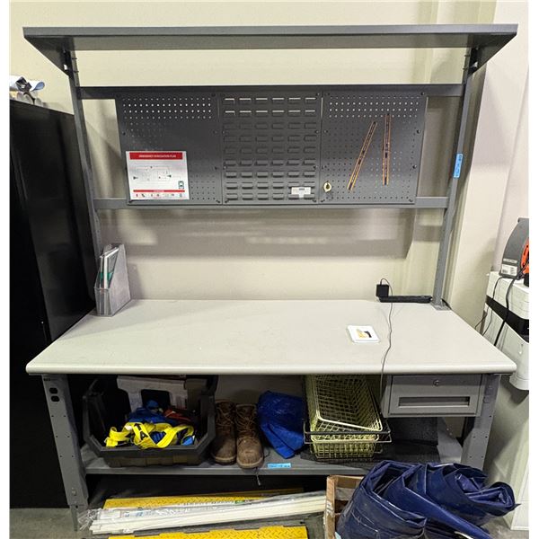 Uline Heavy-Duty Industrial Workbench with Overhead Shelf, Pegboard Riser & Drawer (no key) - approx