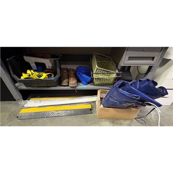 Group of warehouse supplies - Cable Protectors, Wire Bins, Work Boots, Tarps & Tote etc.