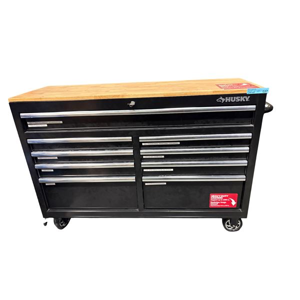 Husky 52-Inch 9-Drawer Mobile Workbench w/ Solid Wood Top & Heavy Duty Casters - approx. 55in W x 19