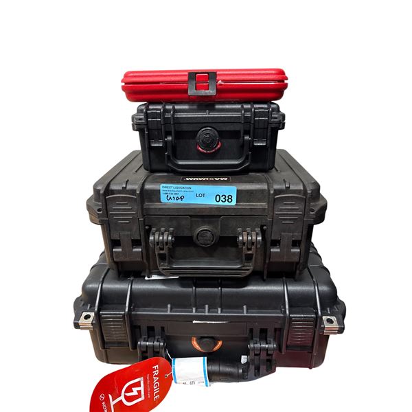 Stack of (4) Heavy-Duty Protective Hard Equipment Cases w/ 5-Step Thickness Calibration Block - MSRP