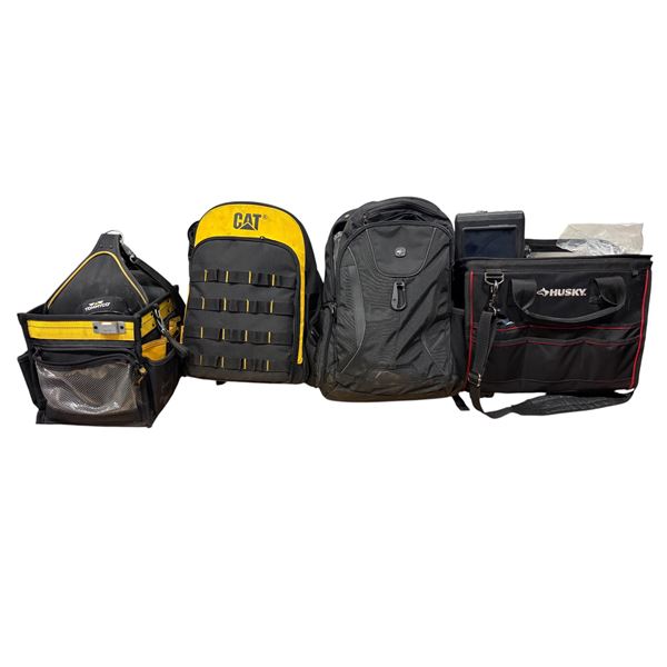 4-Piece Heavy Duty Tool Storage Lot (Husky & DeWalt Totes, CAT Backpack & SwissGear Backpack)