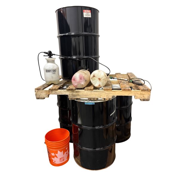 Lot of (4) Uline 55-Gallon Closed-Top Black Steel Drums (S-10759) w/ Chapin Sprayers & Bucket