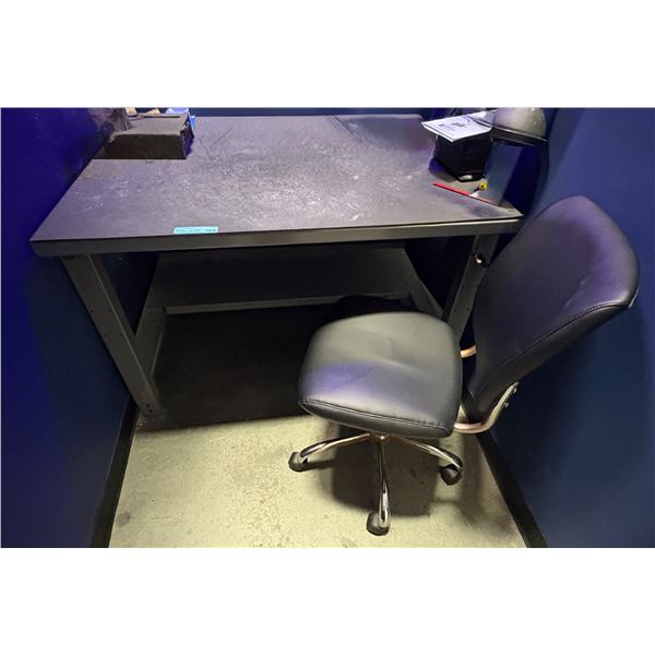 Steel Industrial Workstation Desk & Armless Mesh/Leather Office Chair (contents not included)