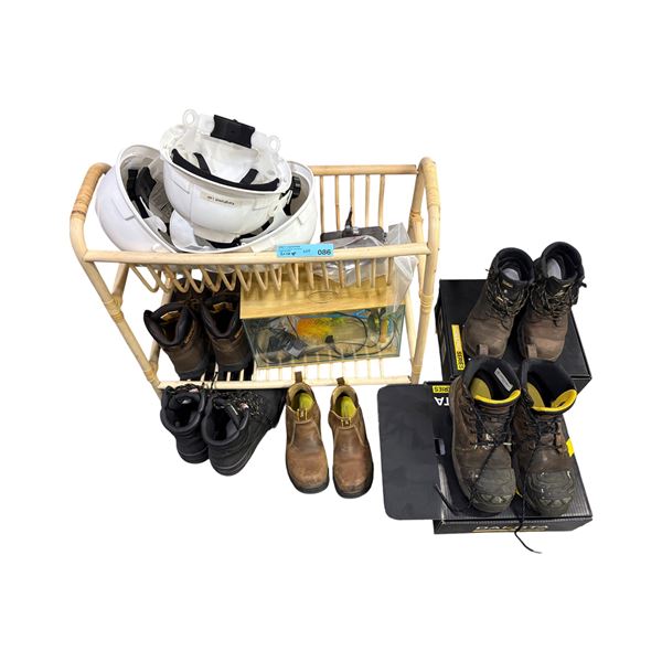 Assorted Work Safety Gear & Footwear Lot (Hard Hats, Steel-Toe Work Boots, Rattan Shelf & Accessorie