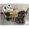 Image 2 : Assorted Work Safety Gear & Footwear Lot (Hard Hats, Steel-Toe Work Boots, Rattan Shelf & Accessorie