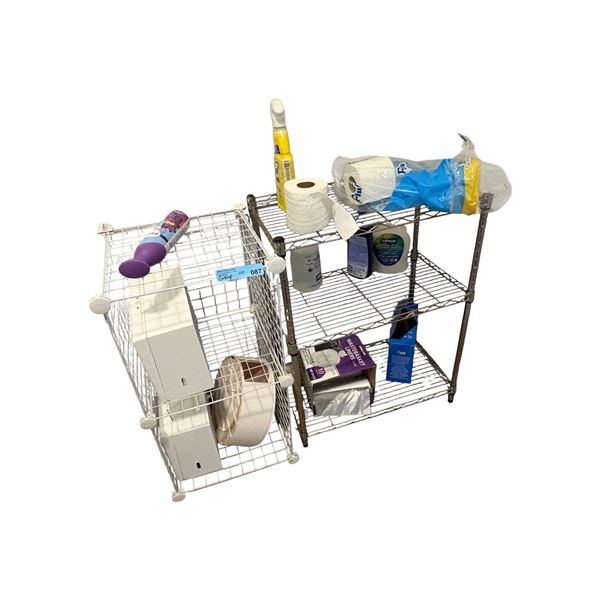 Wire Storage Racks & Cleaning Supplies Lot (Metal Shelving Units, Paper Towels, Cleaners & Trash Lin