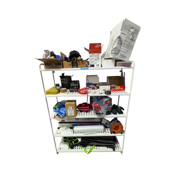 4-Shelf Metal Utility Rack with Assorted Commercial Consumables & PPE Supplies