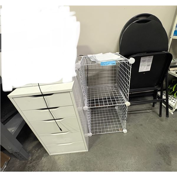 IKEA ALEX White 5-Drawer Unit, Wire Storage Cube Shelf & Black Folding Chairs