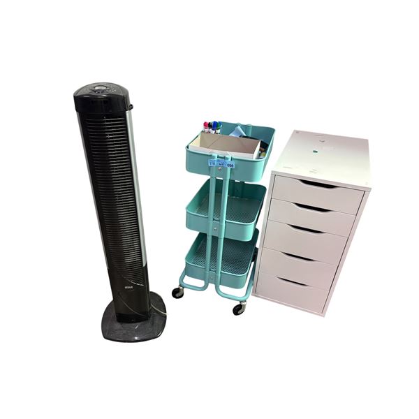Seville Classics Tower Fan, Teal Rolling Mesh Utility Cart & IKEA ALEX Drawer