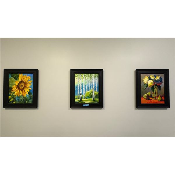 Set of 3 Framed Original Still Life & Landscape Oil Paintings (Sunflower, Birch Trees, Hydrangeas & 