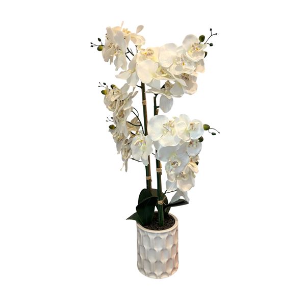 Artificial White Phalaenopsis Orchid Arrangement in Textured Ceramic Planter