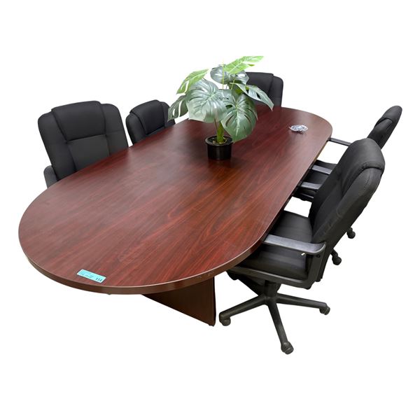 Mahogany Racetrack Conference Table with 6 Black Executive Chairs & Potted Artificial Plant