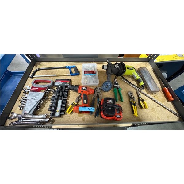 Assorted Power & Hand Tool Lot (Ryobi Rotary Tool, Black & Decker Drill, Husky Wrench & Socket Sets,