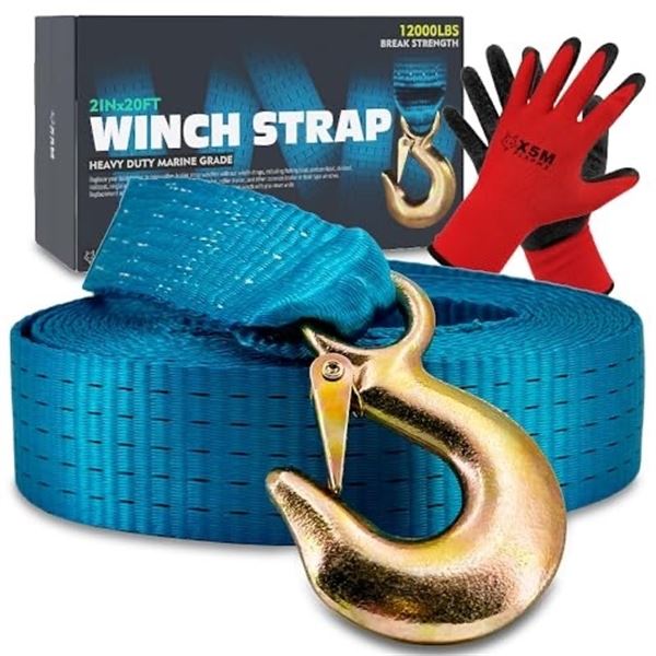 Brand New Heavy-Duty Marine Winch Strap with Hook – 2” × 20FT, 12,000 lb Break Str