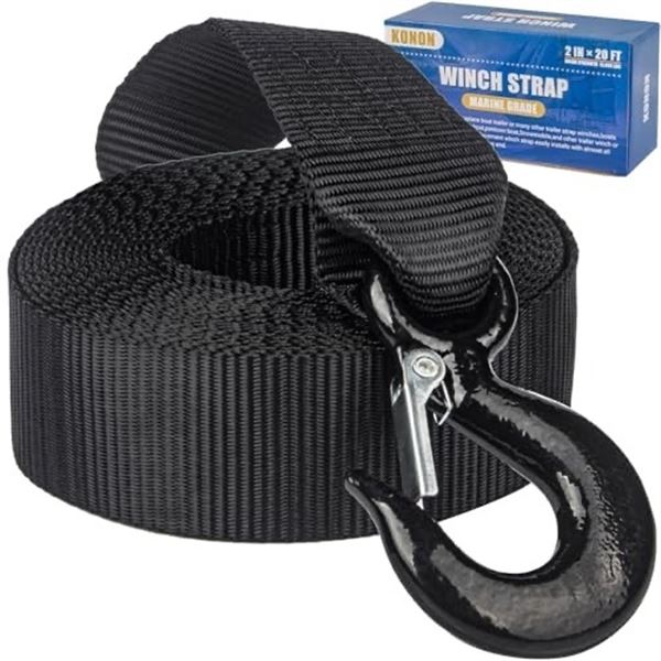 Brand New Heavy-Duty Black Marine Winch Strap with Hook – 2” × 20FT, 12,000 lb Bre