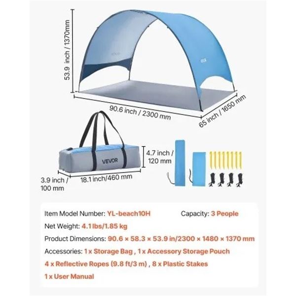 Brand New 3-Person Beach Tent Sun Shelter – UPF 50+ Protection