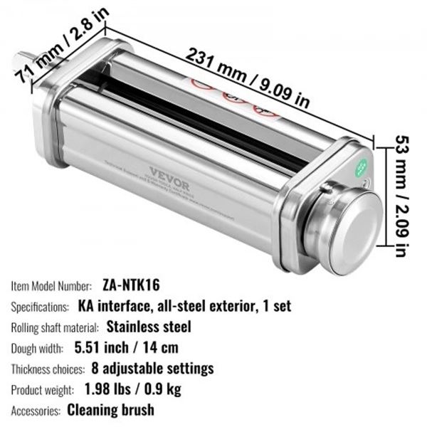 Brand New Stainless Steel Pasta Roller Attachment for KitchenAid – 8 Thickness Settings
