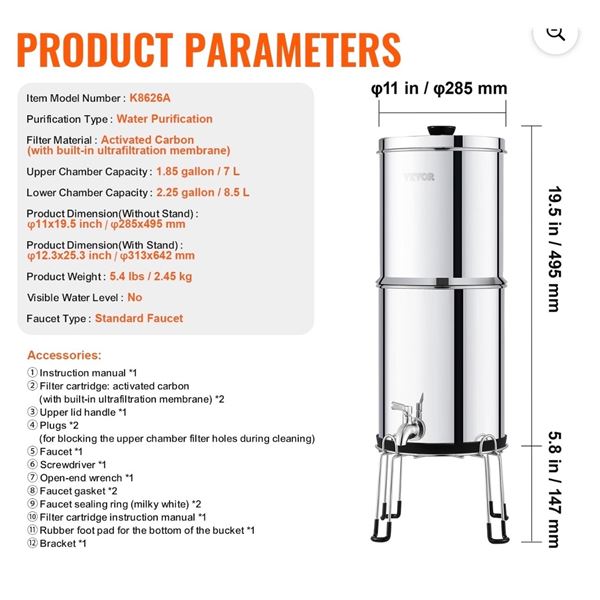 Brand New 2.25-Gallon Stainless Steel Gravity-Fed Countertop Water Filtration System