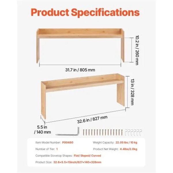 Brand New 32.6-Inch Bamboo Over-the-Stove Spice Shelf with 6 Hooks