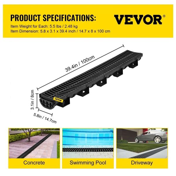 Brand New 6-Piece Trench Drain System with Plastic Grates – 19.7 FT / 6M