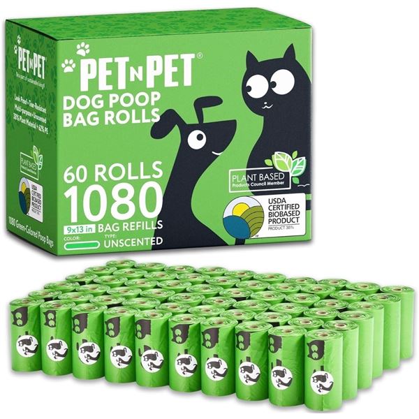 Brand New PET N PET Poop Bags – 60 Rolls (1,080 Bags) – Unscented