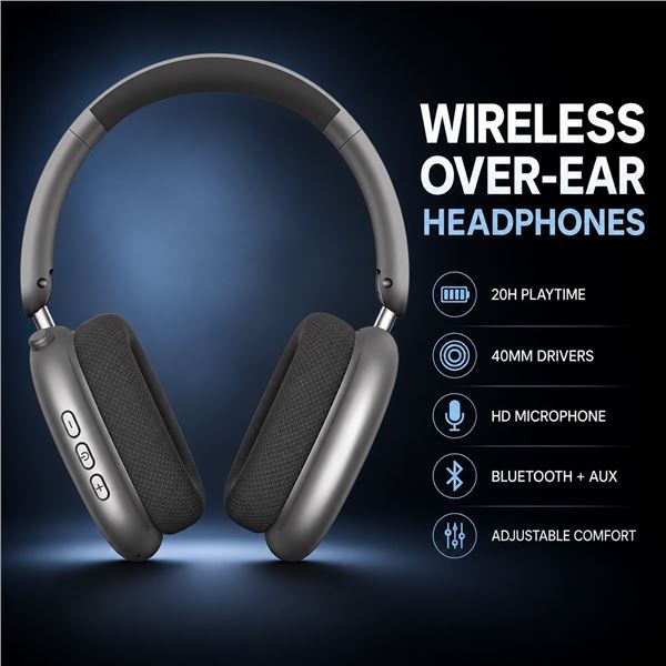 Brand New Wentronic Y05 Wireless Over-Ear Bluetooth Headphones – Grey