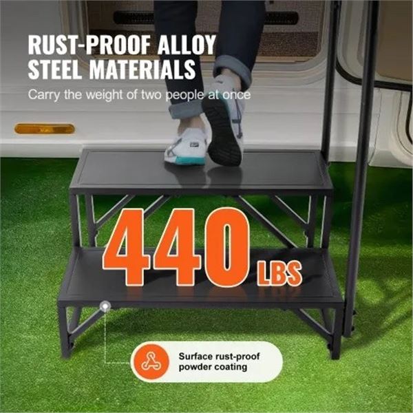 Brand New 2-Step Heavy-Duty RV Stairs with Handrail – 440 lb Capacity