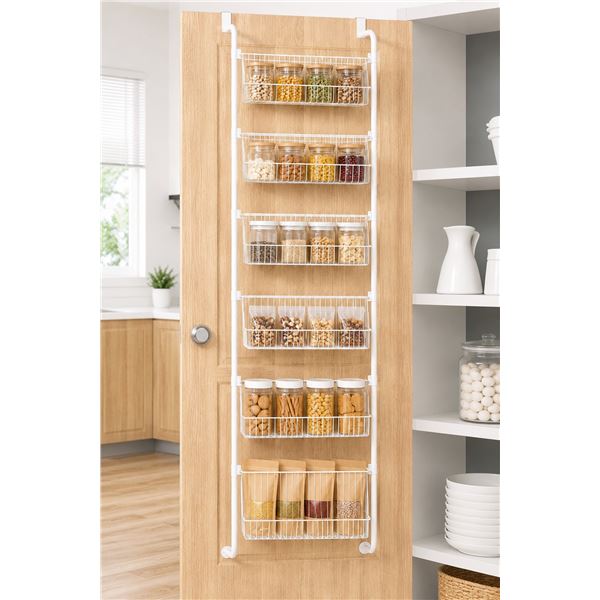 Brand New Goovilla 6-Tier Over-the-Door Pantry Organizer – White Metal Storage Rack