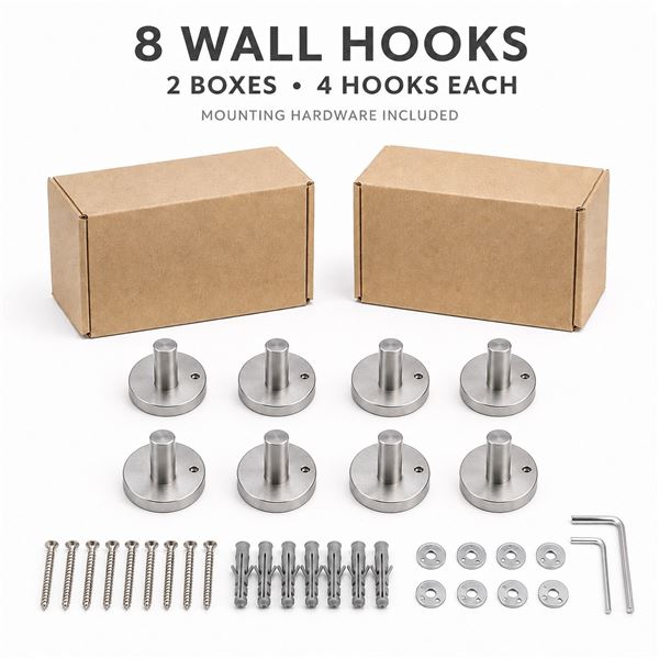 Brand New 8-Piece Wall-Mounted Coat Hook Set – 2 Boxes with Mounting Hardware