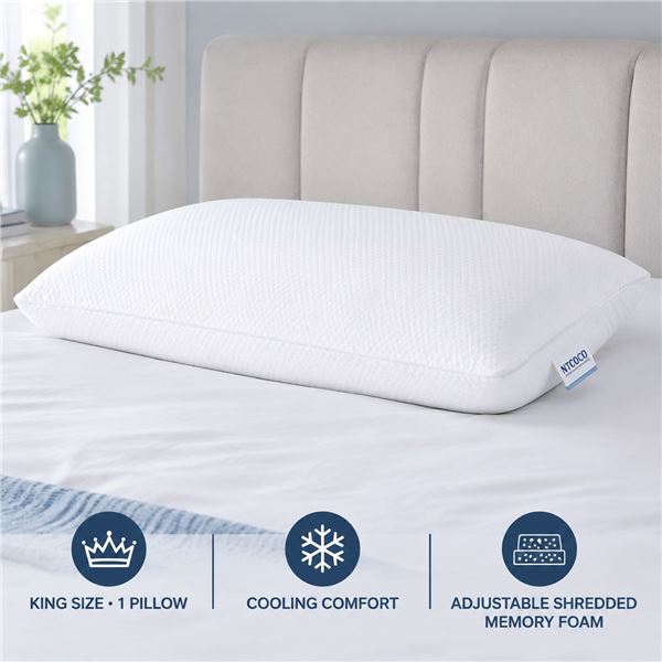 Brand New NTCOCO King Size Cooling Shredded Memory Foam Pillow – White