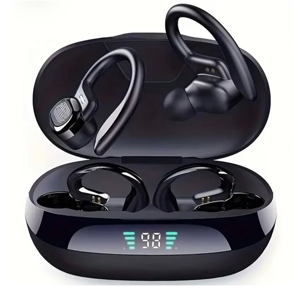 Brand New A3 Wireless Sport Earbuds with Ear Hooks & LED Charging Case – Black