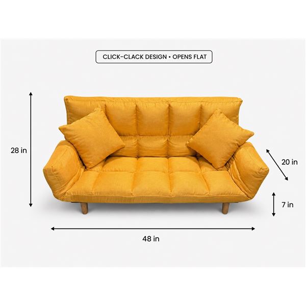 Compact Mustard Yellow Click-Clack Futon Sofa Bed with 2 Pillows
