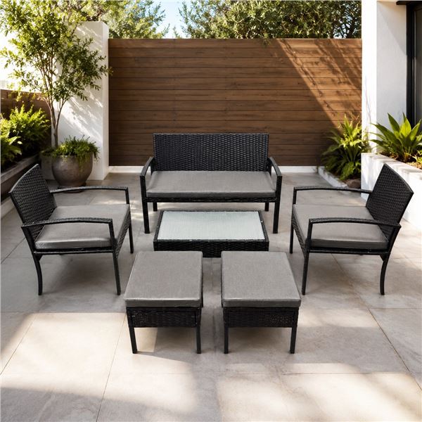 Brand New 6-Piece Outdoor Rattan Patio Conversation Set with Cushions & Glass Table