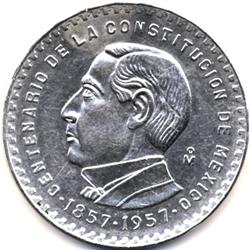 1957 MEXICO SILVER CINCO PESOS-BU
