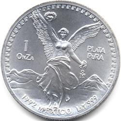 CHOICE 1992 MEXICO SILVER 1oz ONZA-GEM BU+ .999 SILVER