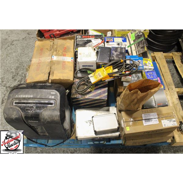 PALLET OF ASSORTED CAR PARTS & PAPER SHREDDER