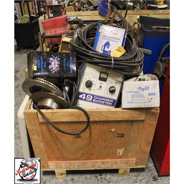 CRATE OF ASSORTED CAR PARTS & TOOLS