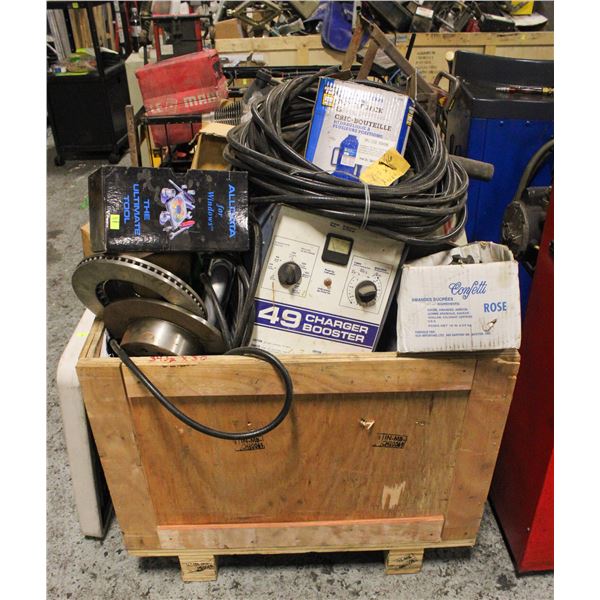 CRATE OF ASSORTED CAR PARTS & TOOLS